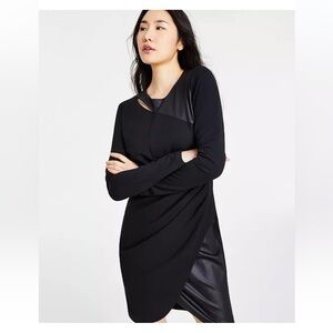BNWT DKNY Women's Mixed-Media Cutout-Neck Side-Draped Black Faux Leather Dress